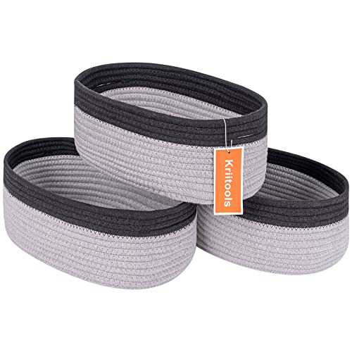 Kriitools Baskets for Shelf Storage Cute Basket to Store and Organize Household Items/Woven Rope Basket for Living Room, Bedroom,Playroom/Durable Small Oval-13x8.66x5.11’’,3 Packs Black/grey