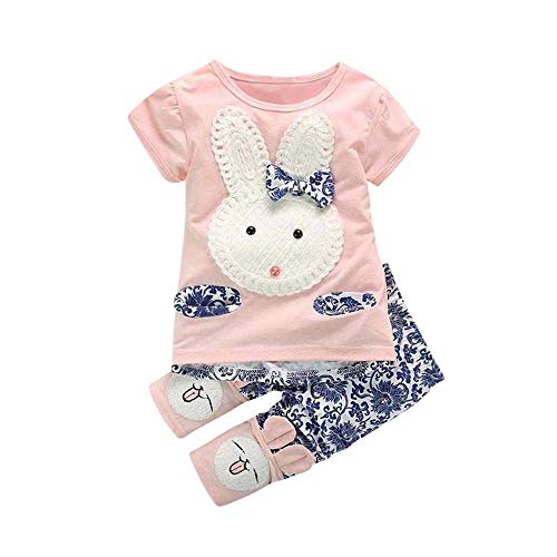 Rabbit Outfits Toddler Kids Little Girls Cute Cartoon Bunny Bow Applique T-Shirt Tops+Floral Pants Navy (Pink, 24 Months)