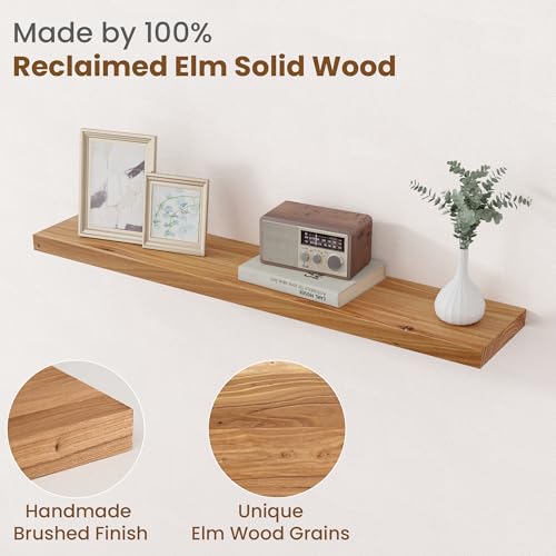 Image of Floating Shelves for Wall Decor, 8 inch Deep Rustic Solid Elm Wood Floating Shelves Wall Mounted, Wall Shelves with Invisible Bracket for Living Room Bathroom Bedroom Kitchen, 40 Inch Set of 1, Natural