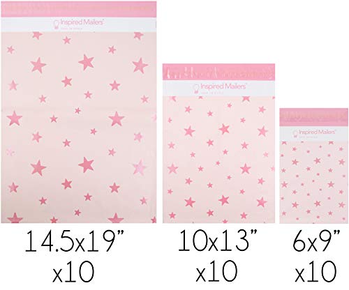 Image of Inspired Mailers - Poly Mailers Variety Pack of 30 (10 Each: 6x9, 10x13, 14.5x19 Sizes) - Rose Gold Stars Deluxe - Shipping Envelopes - Mailing Bags