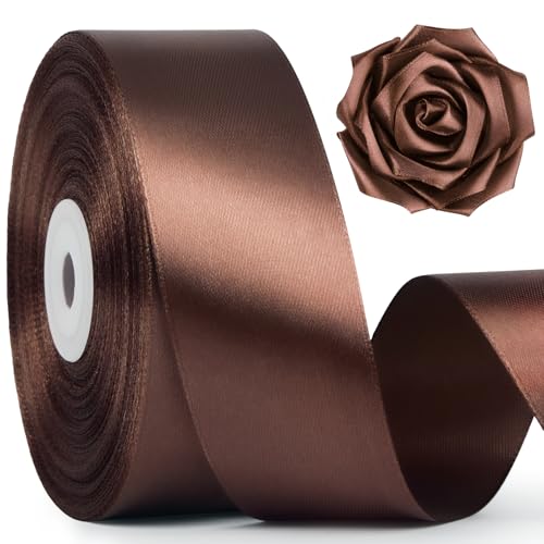Image of Mauproy 1-1 /2 Inch Wide Brown Satin Ribbon, 50 Yards Solid Polyester Fabric Ribbon for Roses Making, Gift Wrapping, Flower Bouquets, Wedding Decorations, Handmade Crafts