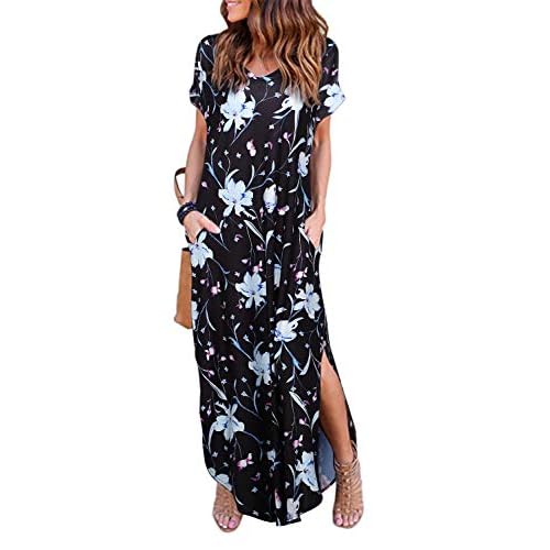 HUSKARY Women's Summer Maxi Dress Casual Loose Pockets Long Dress Short Sleeve Split Maxi Dresses