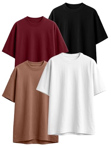 Image of JUNEBERRY 100% Pure Cotton Oversized Loose Fit Half Sleeve Drop Shoulder Solid Core Round Neck Multicolor T-Shirt Combo for Women (Pack of 4) (Colors: Black, White, Swanwhite, Brown, Lilac & Maroon)
