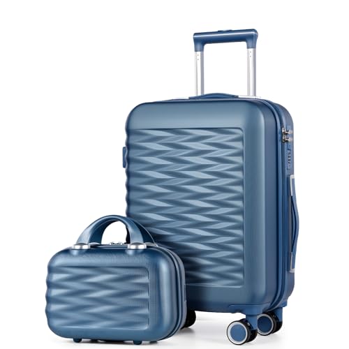 Suitcase Sets of 2 Piece Small Carry On Luggage 20 Inch Cabin Case with Beauty Case Lightweight ABS+PC Hard Shell Travel Suitcase with Spinner Wheels, Blue