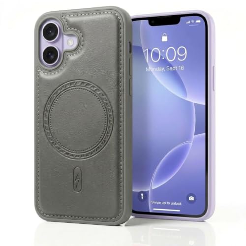 Image of amazon basics Premium PU Leather Case for iPhone 16, MagSafe Compatible Magnetic Ring, Sleek Protective Back Cover - [Gray]