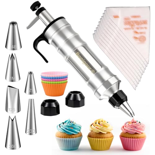 Bonigour Juego de jeringas para decoración de postres | Kit de tuberías de glaseado Herramientas de decoración 6 boquillas de glaseado | Kit de tuberías de glaseado de acero inoxidable, 5 cupcakes de