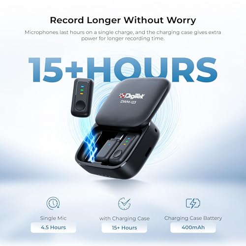 Image of Digitek (DWM 123 2-in-1 Wireless Microphone System with Charging Case & Magnetic Collar Clip, Type-C Port for iOS, Smartphones, 60m Range, Build in Microphone, for Creators and Vloggers (Black - 2)