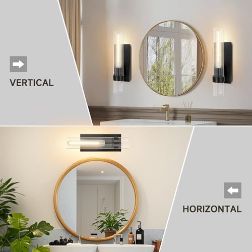 Image of Wall Sconces Set of Two, 18 inch Black Bathroom Sconces with Clear Glass, Hardwired Modern Sconces Wall Decor Set of 2 Wall Light Fixtures for Bathroom Bedroom Living Room Mirror Hallway