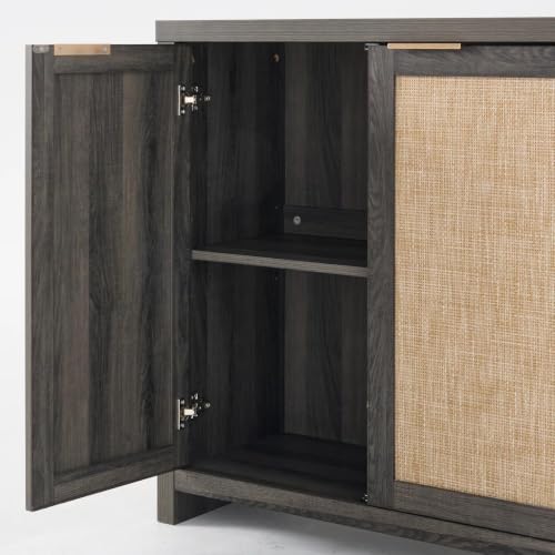 Image of OAKHAM HOME Rattan Sideboard Cabinet with Storage, Black Oak | Buffet Cabinet with 2 Soft-Close Doors, Adjustable Shelves and 110 lbs Top, For Living Room, Kitchen, Entryway