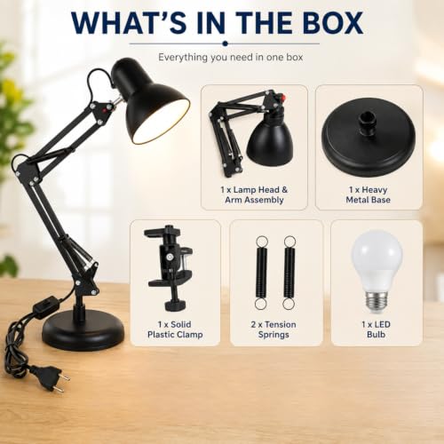 Image of One94Store Adjustable Metal Study Table Lamp with Flexible Neck & Swing Arm | E27 Bulb Holder with 2W Bulb Included | Button Control | Desk Lamp for Reading, Study, Office, Bedroom, Black