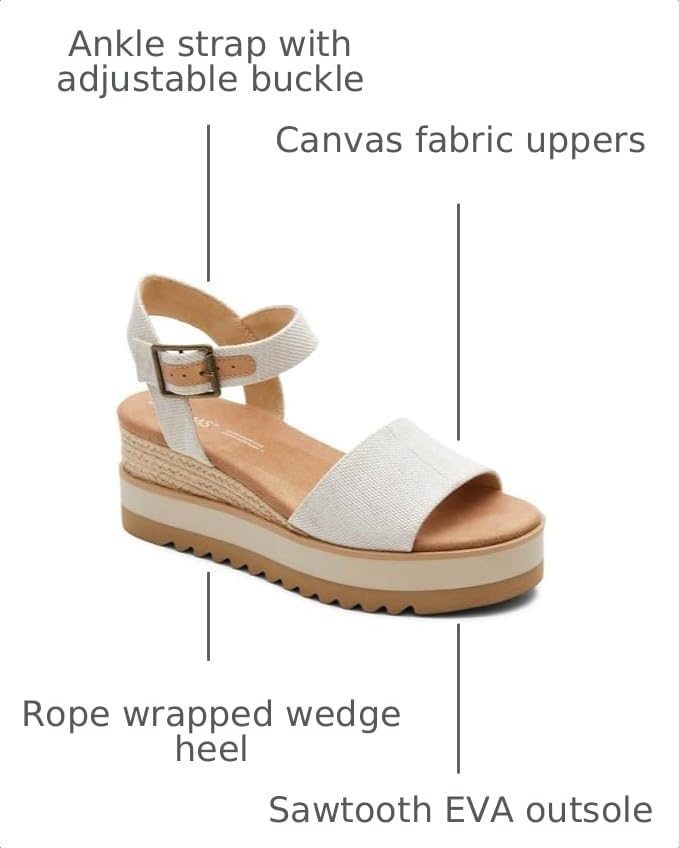 Image of TOMS Women's Diana Wedge Heel Sandal, Leather Upper, Rope-Wrapped Midsole, Adjustable Strap, Buckle, OrthoLite Insole