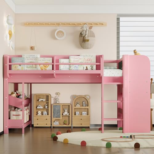 Image of Twin Loft Bed with Multi-Storage Bookcases, Boxes and Drawers, Solid Wood Low Loft Beds with Desk and Blackboard, No Box Spring Needed (Pink-01)
