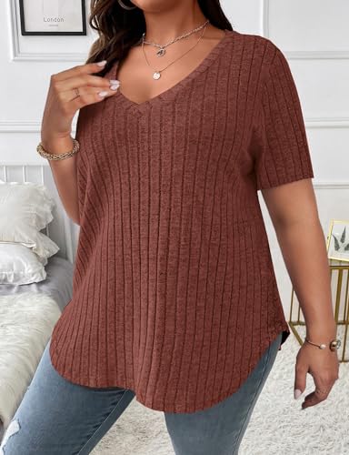 Koscacy Women's Plus Size Casual Tops V Neck Solid Color Shirts Lightweight Short Sleeve Blouses4