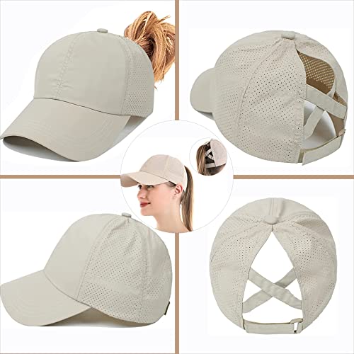 Enwokran Gorra de Béisbol para Mujer con Cola, Ajustable Plegable Malla Transpirable, Gorra Deporte Secado Rápido Impermeable Deportes al Aire Libre Gorro (Caqui) - imagen 3