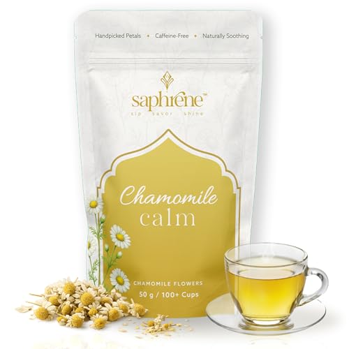 Image of Saphrene Chamomile Tea For Sleep & Relaxation - 50g | 100+ Cups of Caffeine-Free Herbal Tea | Naturally Rich in Antioxidants | Premium Whole Dried Chamomile Flowers | Calming Bedtime Tea