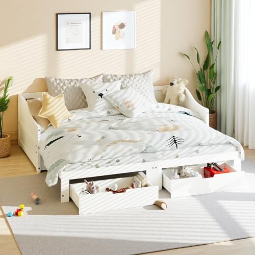 Canapé Lit 2 Places Convertible Enfant 90x200-2 Tiroirs Rangement - Design Moderne Lit Enfant/Petit Espace avec Sommier à Lattes, sans Matelas (Blanc)