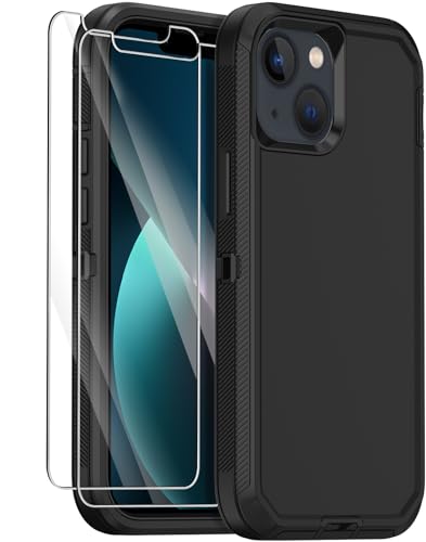 Annymall for iPhone 13 Case with 2 Screen Protector,Shockproof Drop Protection Full Body Heavy Duty 3 Layer Military Rugged Durable Phone Cover for Apple iPhone 13 6.1" (Black)