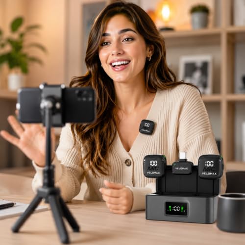 Image of VELOMAX Mic for YouTube Wireless, 3-Level Adjustable Noise Reduction Mics Wireless with Magnetic Clip, Type-C with 2 Mics & Charging Case, 164FT Range, 64H Battery for Creators and Vloggers