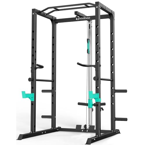 Image of pooboo Multi-Functional Machine Power Cage, 2000LB Squat Rack, LAT-Pull Down System, Dual Pulley Cable Crossover System, Home Gym Workout Machine with Strength Training Attachments