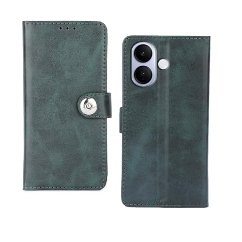 Image of amazon basics Vivo V60 Lite 5G Flip Cover | Card Pockets Wallet & Stand | Flip Cover for Vivo V60 Lite 5G (Green Button)