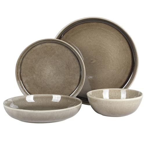 Image of Gibson Elite Berea 16 Piece (Service for 4) Plates and Bowls Reactive Glaze Round Dishes Stoneware Ceramic Dinnerware Set -Taupe