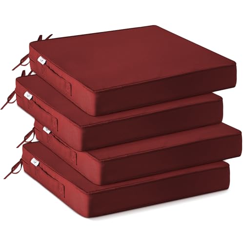 IPYNBAP Outdoor Chair Cushions Set of 4 -Waterproof Outdoor Seat Cushions for Patio Furniture, Patio Chair Cushion with Handle and Ties, Out Door Chair Pads,19x19x3-Square, Burgundy