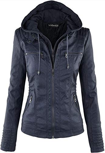 Newbestyle Chaqueta de piel para mujer, parte superior de piel sintética, abrigo informal, parte superior de entretiempo, azul oscuro, 3XL