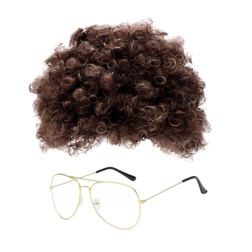 GYIOFAI 2 Piezas Peluca Rizada para Hombres y Mujeres, Tonto Rizos Rizado Afro Corto, Pelucas Afro Marrón y Gafas, Pelucas de Rock Accesorios Disfraz Años 70/80, para Fiesta de Halloween Rave (Marrón)