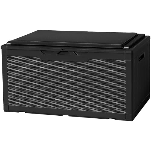 Flamaker Caja de almacenamiento de resina impermeable de 100 galones con barra de aire, banco de almacenamiento con cerradura para muebles de patio, herramientas, accesorios de piscina (negro)