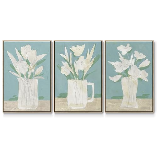 Renditions Gallery Canvas Floral 3 Piece Wall Art Modern Paintings White Spring Flowers in a Vase Abstract Natural Floater Frame Artwork for Bedroom Office Kitchen - 24"x36"x3panels LT548