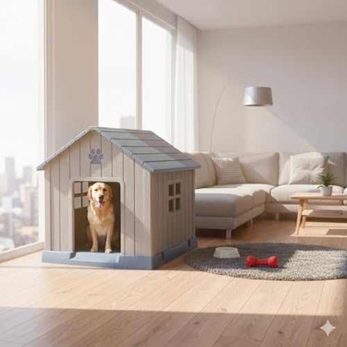 Image of Vizamoplast Paw Villa Medium Dog House | Premium PP Plastic Dog Kennel for Indoor & Outdoor Use | Weatherproof, UV Resistant, Water & Mildew Proof | Easy DIY Assembly | Ventilated | Easy Clean