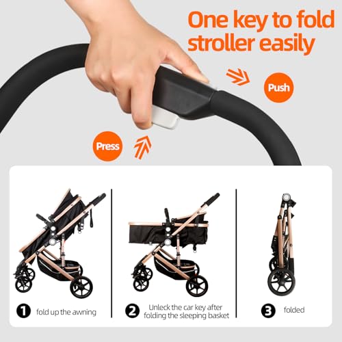 3-in-1 Baby Pram & Stroller with Bassinet | High Landscape Luxury Travel Pram for Newborn to Toddler | 50kg Capacity & Spring Shock Absorption | One-Hand Fold, 5-Point Harness | Includes Mosquito Net & Cup Holder (Black) - Image 6