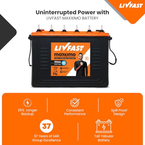 Image of Livfast Maxximo Short Tall Tubular High-Performance Battery MXSTT 1860 | 150 Ah | 60 Months Warranty | Durable Backup Power for Home and Office, Long-Lasting Backup