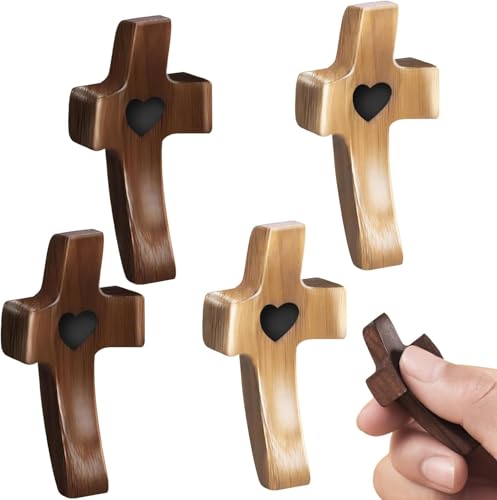 Azttior 4 Piezas Cruces de Madera Pequeñas 5 x 2,5 cm, Talladas a Mano Diseño con corazón, cruz de madera comunión y confirmación; regalo comunión y regalos para confirmacion, Cristiano, Oración