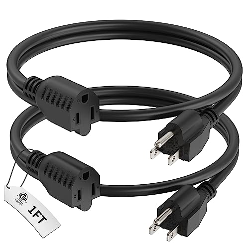 PLUGTUL 1 Foot Extension Cord Black 2-Pack Short Power Cord Indoor/Outdoor 16 Gauge 3 Prong Grounded Wire ETL Listed 13A 1625W 125V SJTW