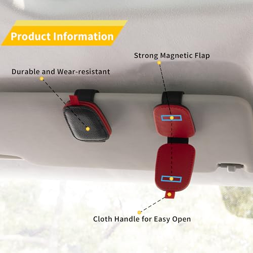 Image of Yuoyar 2 Packs Sunglasses Holders for Car Visor - Magnetic Leather Sunglasses Holder and Ticket Card Clip - Car Visor Accessories (Black-red)