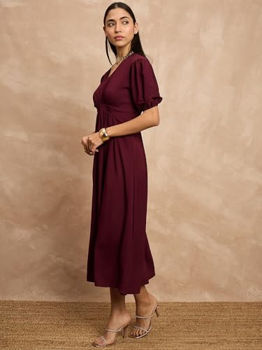 Image of Amazon Brand - INKAST Women A-Line Midi Dress | Puff Sleeves | Perfect for Casual and Semi-Formal Occasions