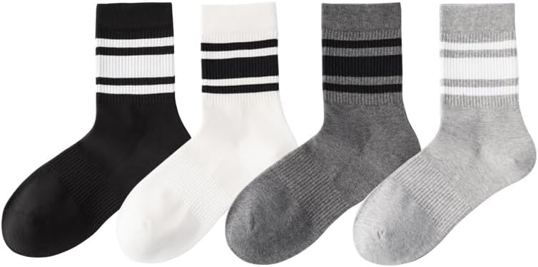 Womens Striped Crew Socks, Women Casual Calf Socks，Cotton Socks for Women 4 Pairs