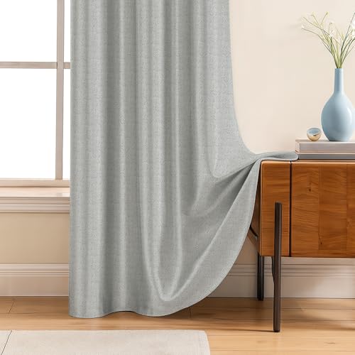 Image of LINENWALAS 100% Blackout Curtains for Door - Set 2 Panels Linen Texture with Geometric Floral Pattern Complete Light Blocking with Thermal Insulated, Nose Reducing Backing (Timberwolf Grey, 7FT)