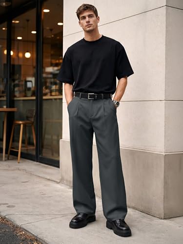 Image of JMIERR Mens Baggy Casual Dress Pants Lightweight Pleated Old Money Wide Leg Pants Loose Relaxed Fit Trousers