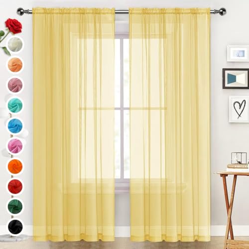 SpaceDresser Sheer Voile Window Treatment Rod Pocket Curtain Panels for Kitchen Bedroom Living Room Drapes Sunlight Filtering Privacy Semi Home Decor Assorted Colors Sizes (Yellow 52 W x 84 L)