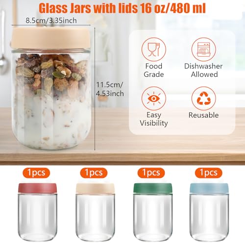 Miniatura 2 de Vinato Pack De 4 Tarros De Cristal Con Tapa 480ml, Tarros Cristal Herméticos, Botes Con Tapa, Overnight Oats Jar, Frascos Alimentación