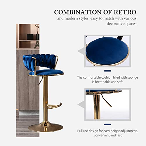 Kiztir 360° Velvet Swivel Bar Stools Set Of 4, Adjustable Counter Height Bar Chairs With Woven Back & Footrest, Luxury Gold Bar Stools For Kitchen Island, Cafe, Pub (Blue) #TOP2