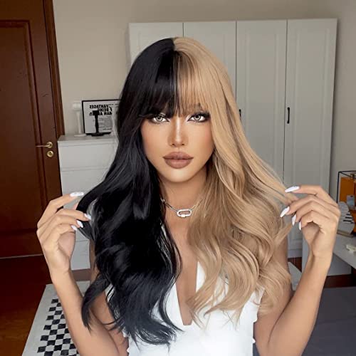 HAIRCUBE Black and Blonde Curly Wigs with Bangs,Long Wave Wigs for Women Natural Synthetic Wigs Cosplay Wigs