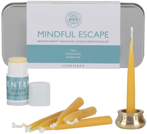 Scentered Yoga Meditation Kit - Aromatherapy Balm & Natural Beeswax Candles Set for Mindfulness - 12x Beeswax Candles with Brass Holder & Essential Oil Balm - Self-Care Gifts for Women