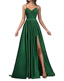 Eigenschaften: Dieses Satin-Abendkleid für Damen verfügt über Spaghettiträger, Satin + Spitze, A-Linie, V-Ausschnitt, hohen Schlitz, Schnürung am Rücken und integrierten BH, bodenlang.