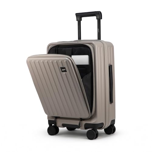 Image of F Gear Montreal Small Cabin Pro 54cm German Polycarbonate Hard Luggage |8 Japanese Hinomoto Silent Wheels|USB & Type-C Charging, Phone Stand & Cup Holder | Front Opening Suitcase for Travel|Taupe