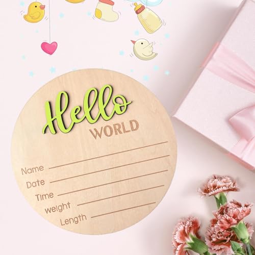 Image of Baby Announcement Sign, 5.9 Inch Wooden Hello World Newborn Signs, Birth Announcement Sign, Baby Shower Hospital Nursery for Newborn Boys and Girls (Wilderness Green)
