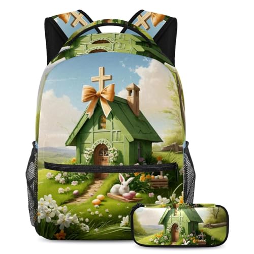 Sac d'école et trousse maison de Pâques verte pour les journées de cours