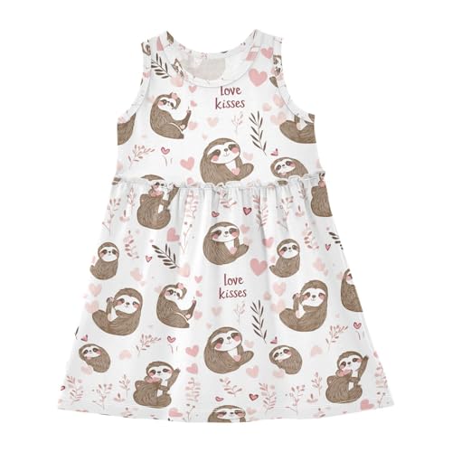 Wusikd Cute Sloth Girl Sleeveless Tank Dress Pink Hearts Crewneck Twirl Swing Dress for Kids 2T2